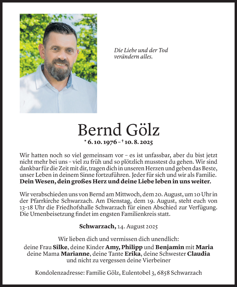  Todesanzeige für Bernd Gölz vom 13.08.2025 aus Vorarlberger Nachrichten