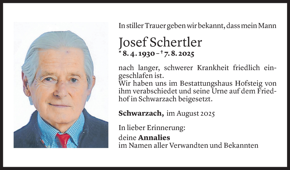  Todesanzeige für Josef Schertler vom 22.08.2025 aus Vorarlberger Nachrichten