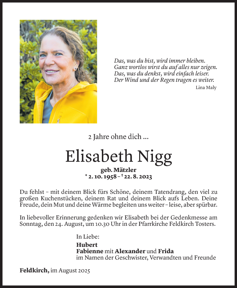  Todesanzeige für Elisabeth Nigg vom 06.08.2025 aus Vorarlberger Nachrichten