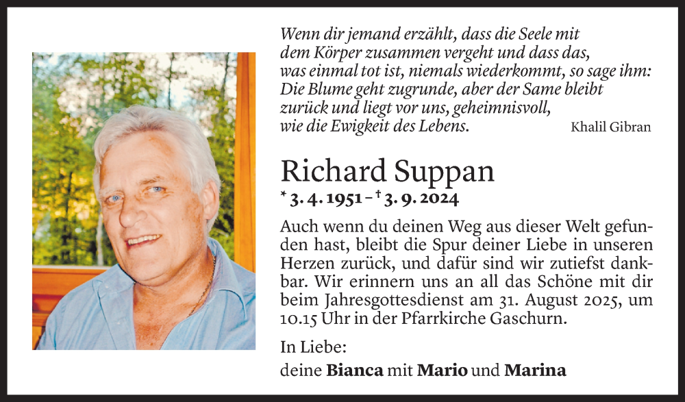  Todesanzeige für Richard Suppan vom 28.08.2025 aus Vorarlberger Nachrichten