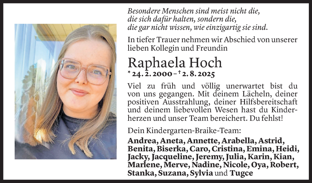  Todesanzeige für Raphaela Hoch vom 08.08.2025 aus Vorarlberger Nachrichten