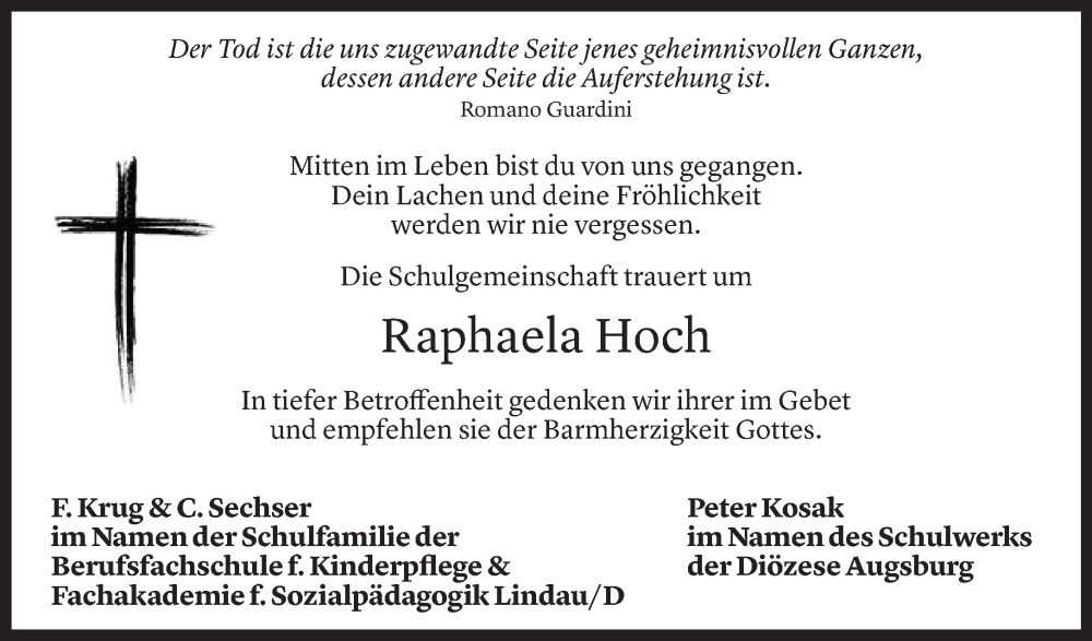  Todesanzeige für Raphaela Hoch vom 08.08.2025 aus Vorarlberger Nachrichten