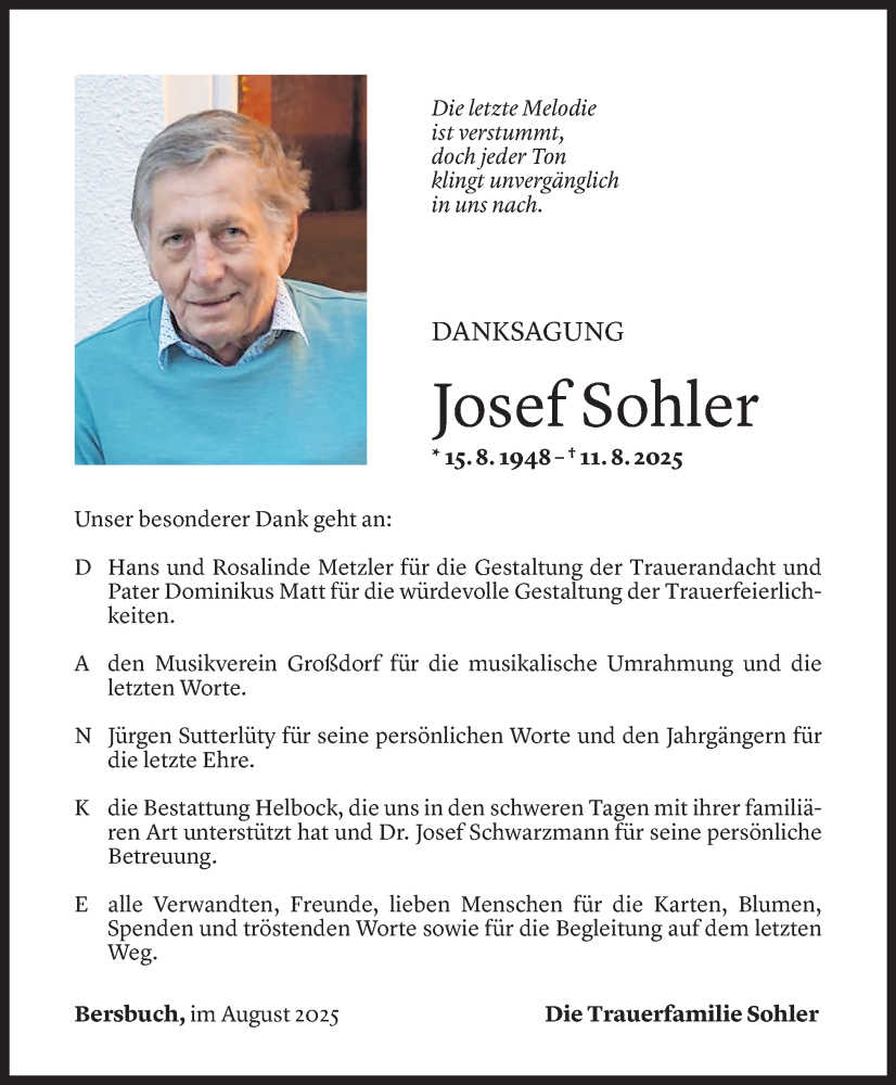  Todesanzeige für Josef Sohler vom 20.08.2025 aus Vorarlberger Nachrichten