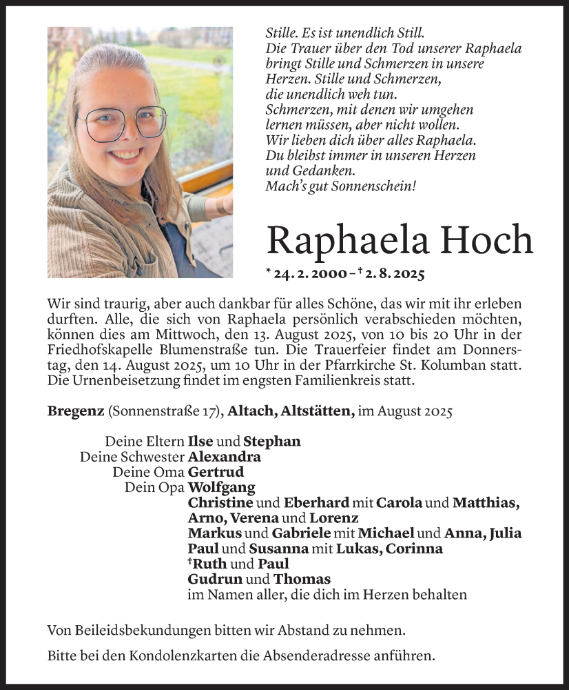 Todesanzeige für Raphaela Hoch vom 08.08.2025 aus Vorarlberger Nachrichten