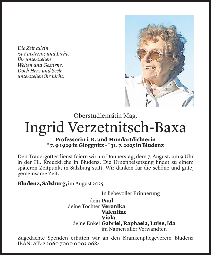  Todesanzeige für Ingrid Verzetnitsch-Baxa vom 03.08.2025 aus Vorarlberger Nachrichten