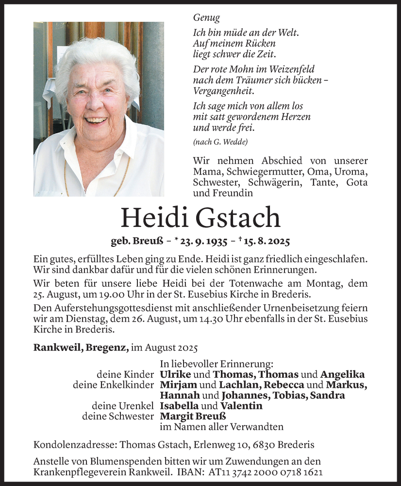  Todesanzeige für Heidi Gstach vom 19.08.2025 aus Vorarlberger Nachrichten