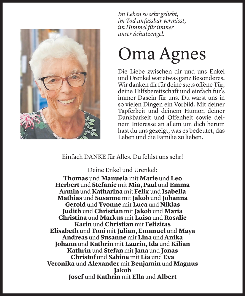  Todesanzeige für Agnes Wohlgenannt vom 08.08.2025 aus Vorarlberger Nachrichten