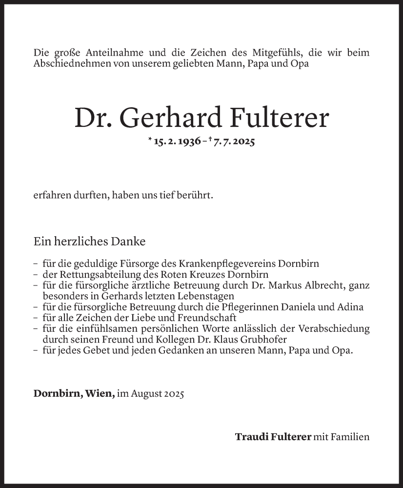  Todesanzeige für Gerhard Fulterer vom 08.08.2025 aus Vorarlberger Nachrichten