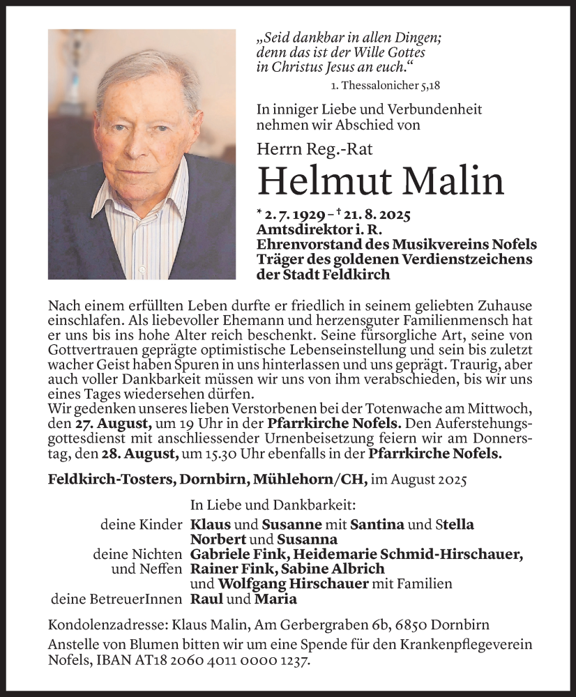  Todesanzeige für Helmut Malin vom 24.08.2025 aus Vorarlberger Nachrichten