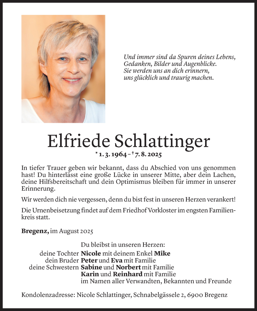  Todesanzeige für Elfriede Schlattinger vom 16.08.2025 aus Vorarlberger Nachrichten