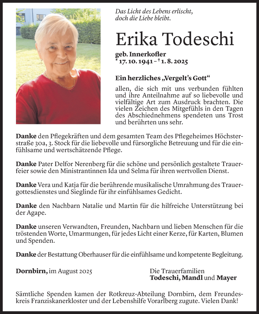  Todesanzeige für Erika Todeschi vom 29.08.2025 aus Vorarlberger Nachrichten