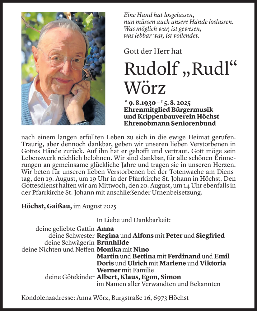  Todesanzeige für Rudolf Wörz vom 13.08.2025 aus Vorarlberger Nachrichten