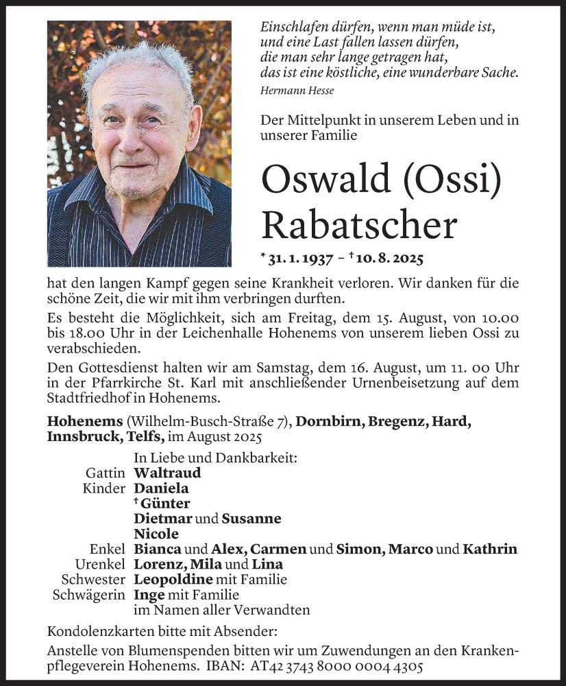  Todesanzeige für Oswald Rabatscher vom 12.08.2025 aus Vorarlberger Nachrichten
