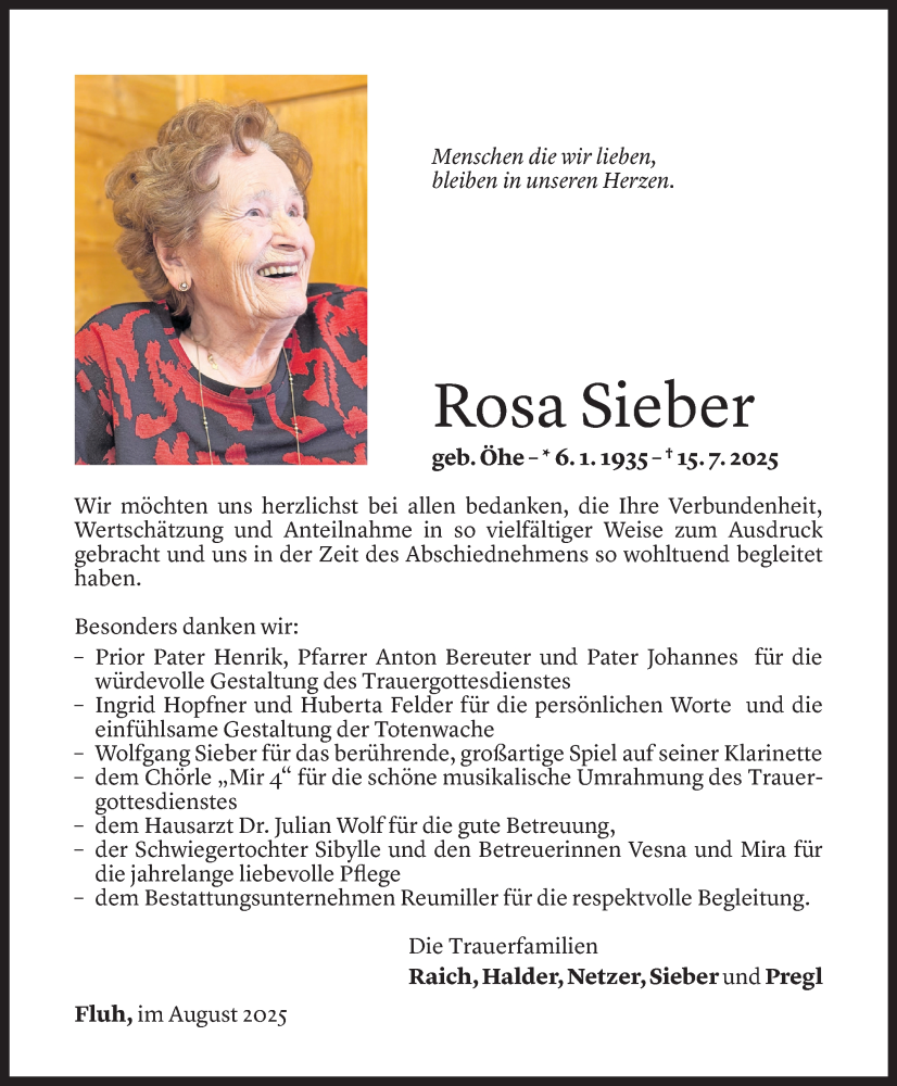  Todesanzeige für Rosa Sieber vom 22.08.2025 aus Vorarlberger Nachrichten