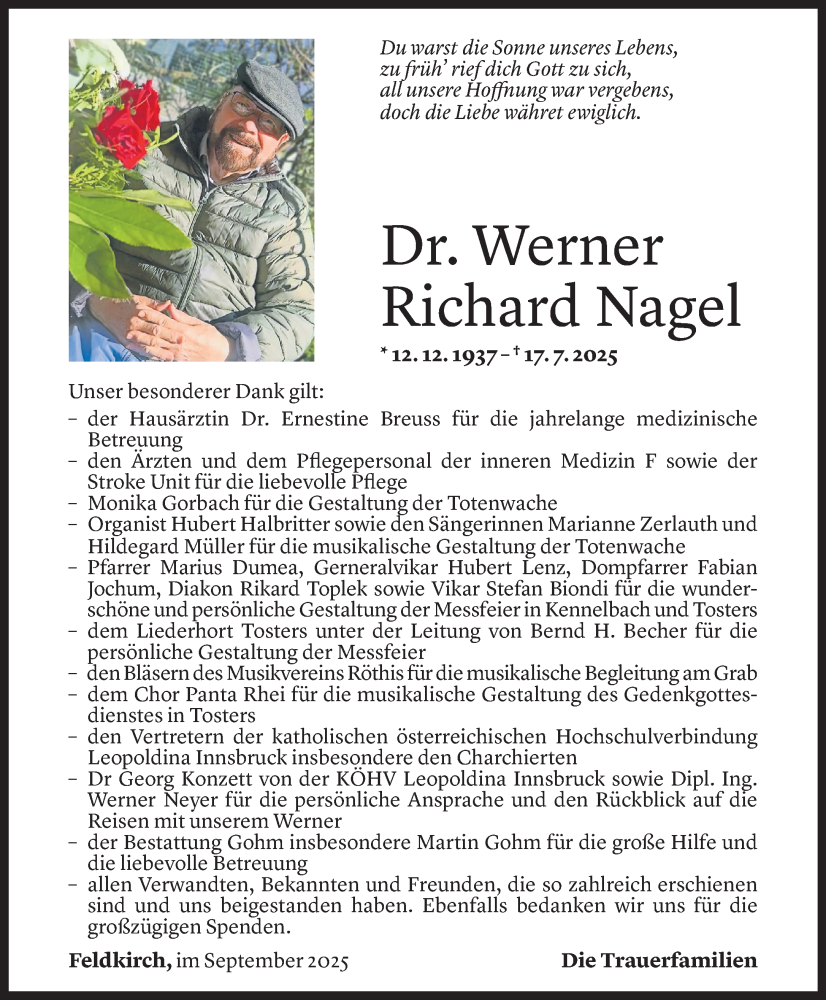  Todesanzeige für Werner Nagel vom 08.09.2025 aus Vorarlberger Nachrichten
