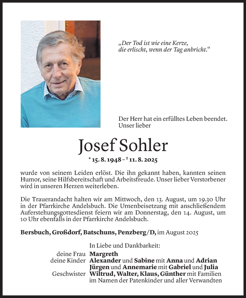  Todesanzeige für Josef Sohler vom 11.08.2025 aus Vorarlberger Nachrichten