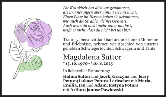 Todesanzeige von Magdalena Suttor von Vorarlberger Nachrichten
