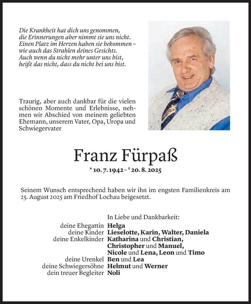  Todesanzeige für Franz Fürpaß vom 27.08.2025 aus Vorarlberger Nachrichten