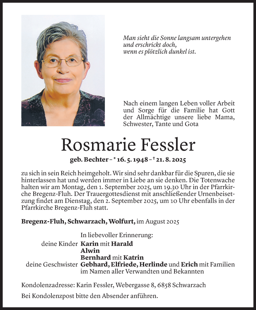  Todesanzeige für Rosmarie Fessler vom 27.08.2025 aus Vorarlberger Nachrichten