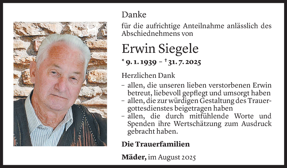  Todesanzeige für Erwin Siegele vom 14.08.2025 aus Vorarlberger nachrichten