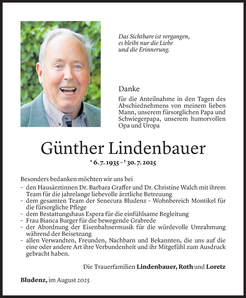  Todesanzeige für Günther Lindenbauer vom 27.08.2025 aus Vorarlberger Nachrichten