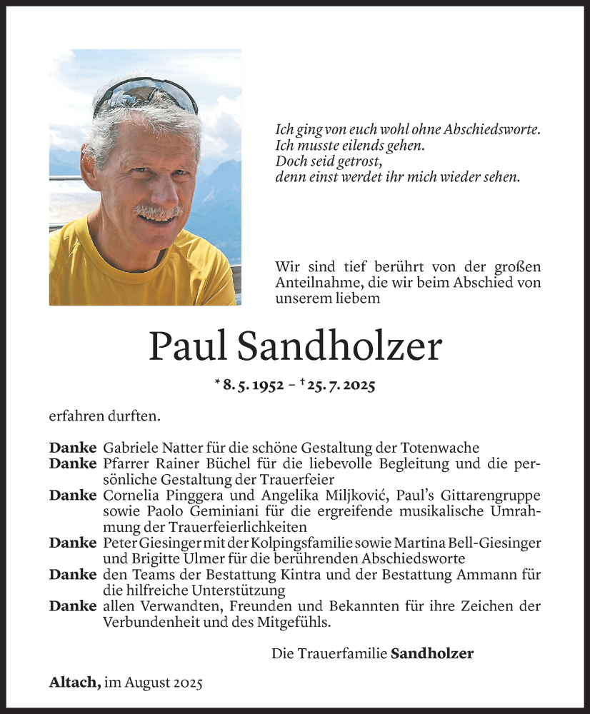  Todesanzeige für Paul Sandholzer vom 15.08.2025 aus Vorarlberger Nachrichten