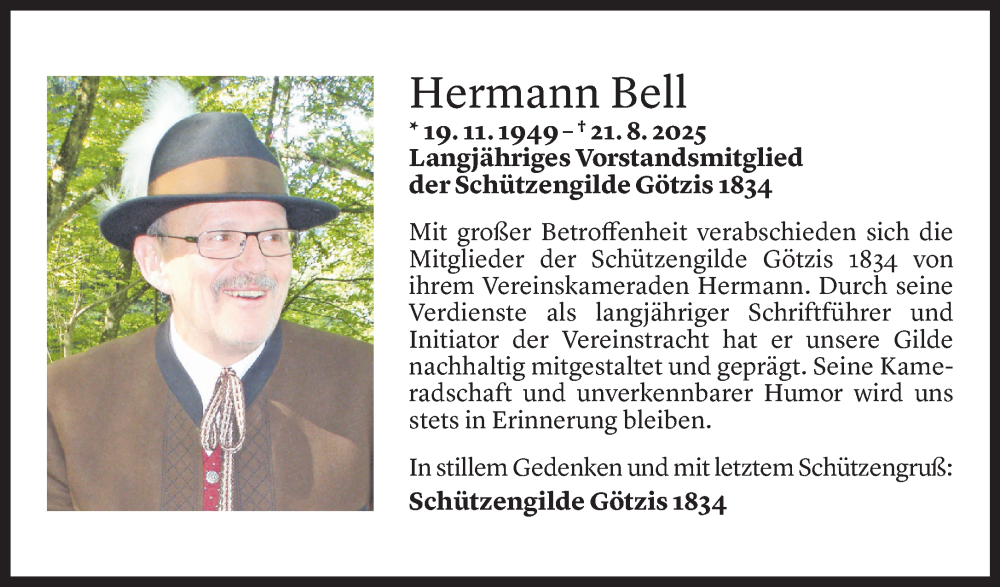  Todesanzeige für Hermann Bell vom 27.08.2025 aus Vorarlberger Nachrichten