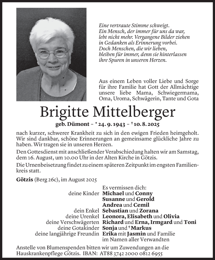  Todesanzeige für Brigitte Mittelberger vom 11.08.2025 aus VN