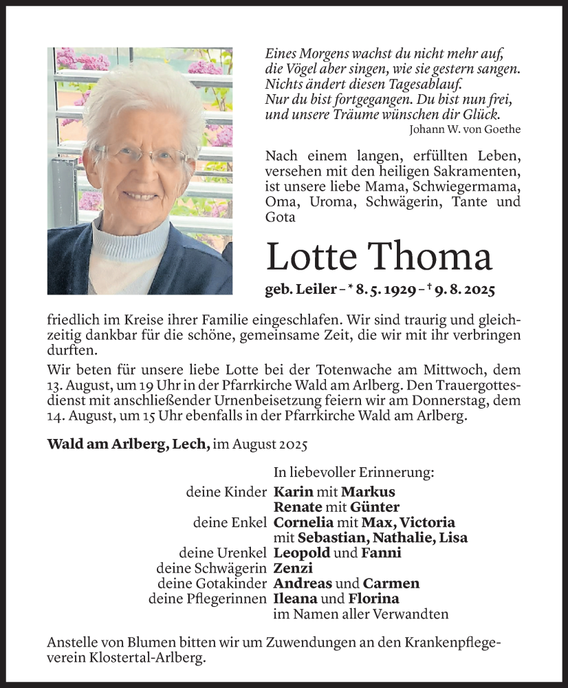  Todesanzeige für Lotte Thoma vom 10.08.2025 aus Vorarlberger Nachrichten