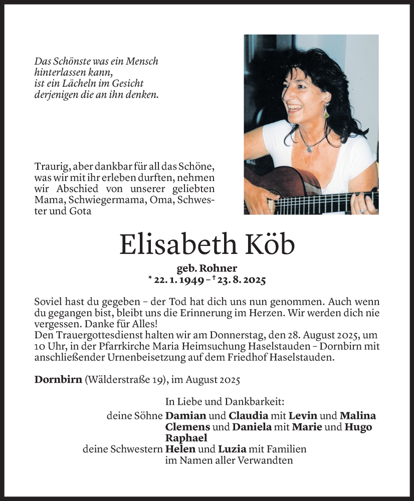  Todesanzeige für Elisabeth Köb vom 25.08.2025 aus Vorarlberger Nachrichten