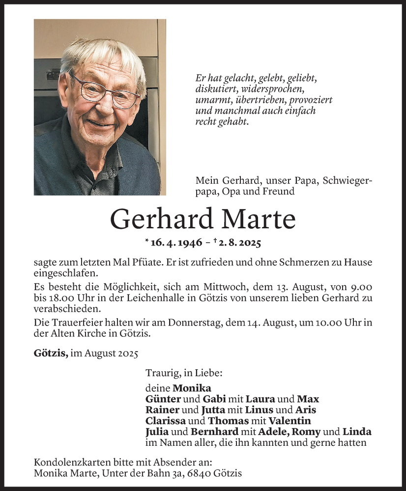  Todesanzeige für Gerhard Marte vom 04.08.2025 aus VN