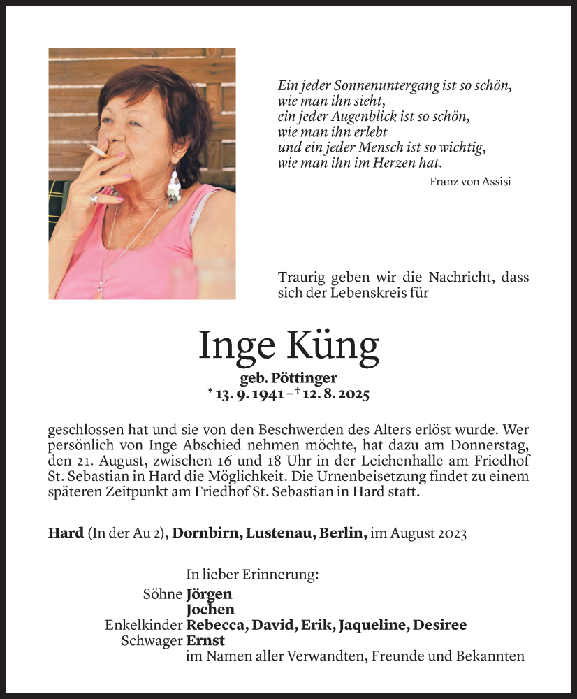  Todesanzeige für Inge Küng vom 18.08.2025 aus Vorarlberger Nachrichten