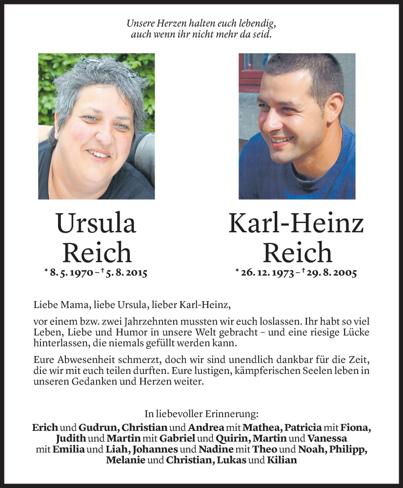  Todesanzeige für Ursula Reich vom 18.08.2025 aus Vorarlberger Nachrichten