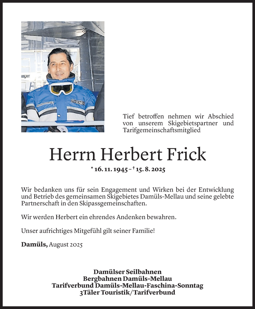  Todesanzeige für Herbert Frick vom 18.08.2025 aus Vorarlberger Nachrichten