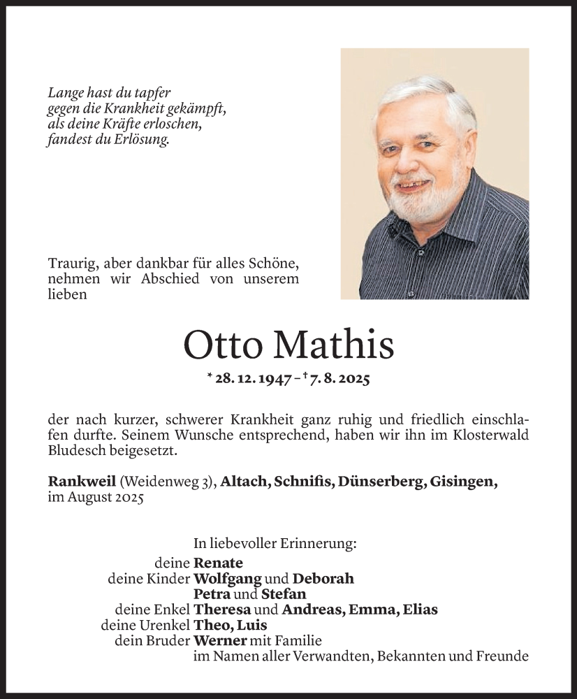  Todesanzeige für Otto Mathis vom 20.08.2025 aus Vorarlberger Nachrichten