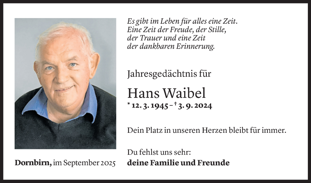  Todesanzeige für Hans Waibel vom 03.09.2025 aus Vorarlberger Nachrichten