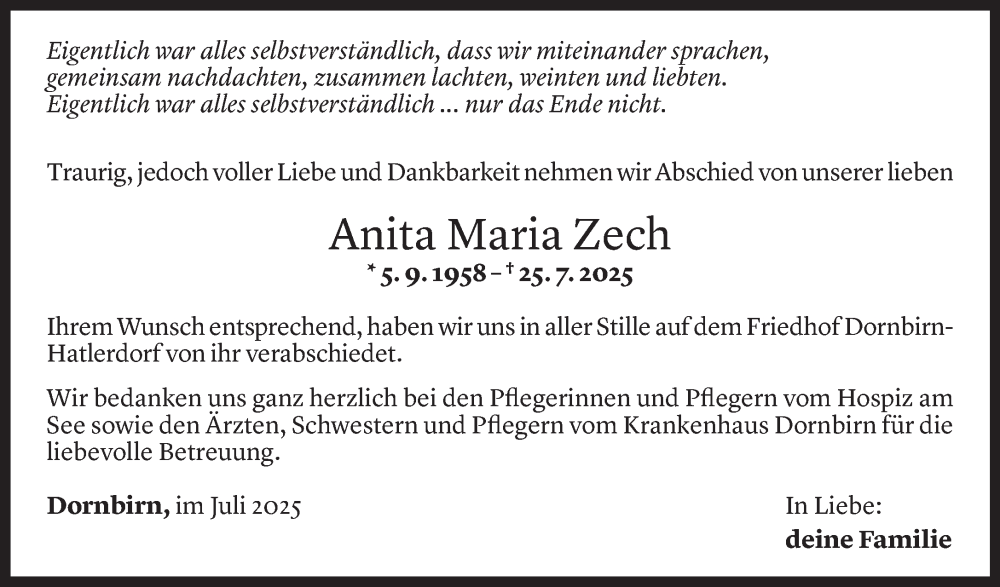  Todesanzeige für Anita Zech vom 09.08.2025 aus Vorarlberger Nachrichten