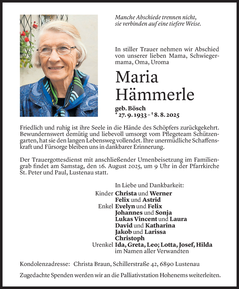  Todesanzeige für Maria Hämmerle vom 12.08.2025 aus Vorarlberger Nachrichten
