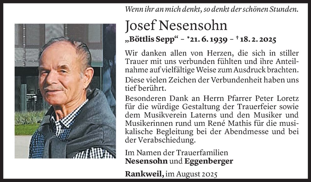  Todesanzeige für Josef Nesensohn vom 28.08.2025 aus Vorarlberger Nachrichten