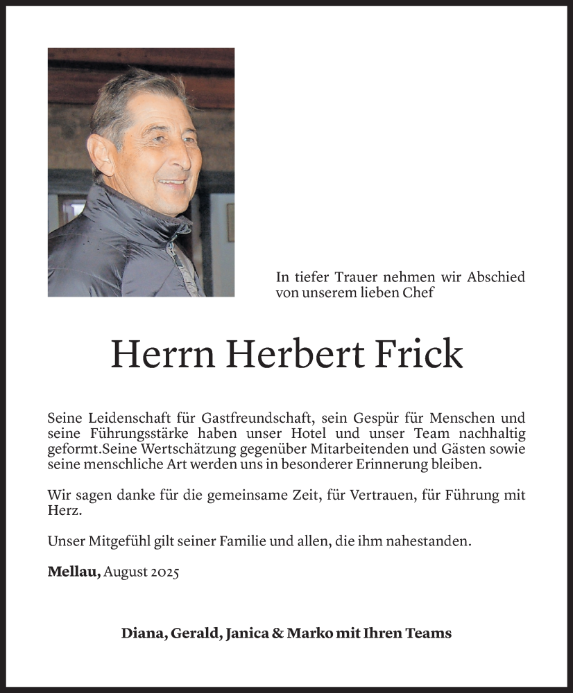  Todesanzeige für Herbert Frick vom 18.08.2025 aus Vorarlberger Nachrichten