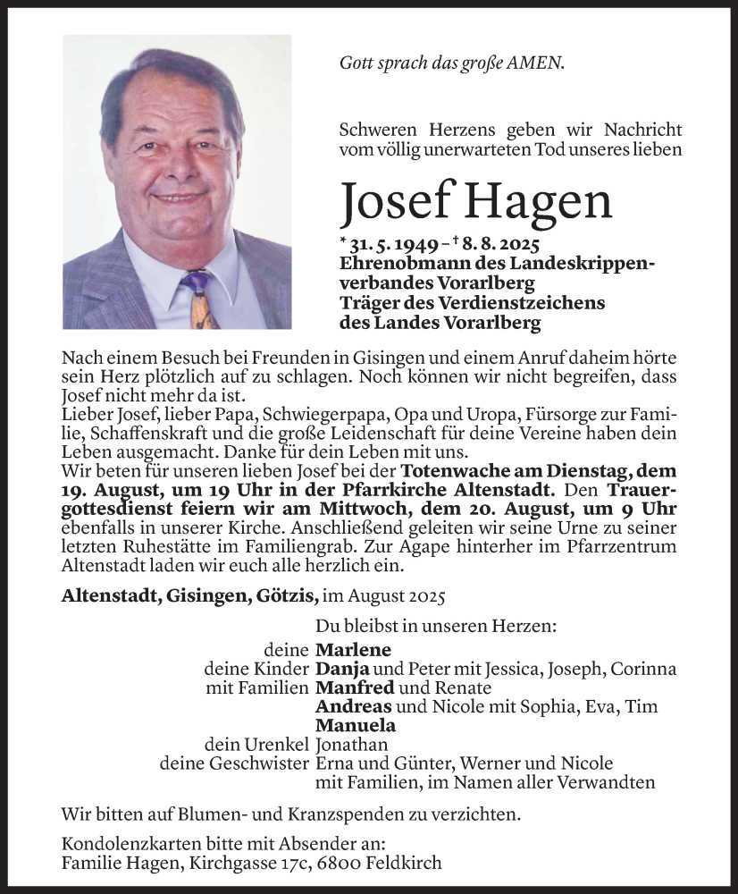  Todesanzeige für Josef Hagen vom 13.08.2025 aus Vorarlberger Nachrichten