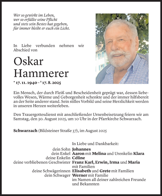 Todesanzeige von Oskar Hammerer von Vorarlberger Nachrichten
