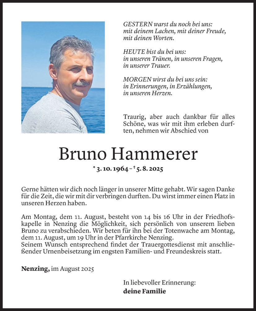  Todesanzeige für Bruno Hammerer vom 08.08.2025 aus Vorarlberger Nachrichten
