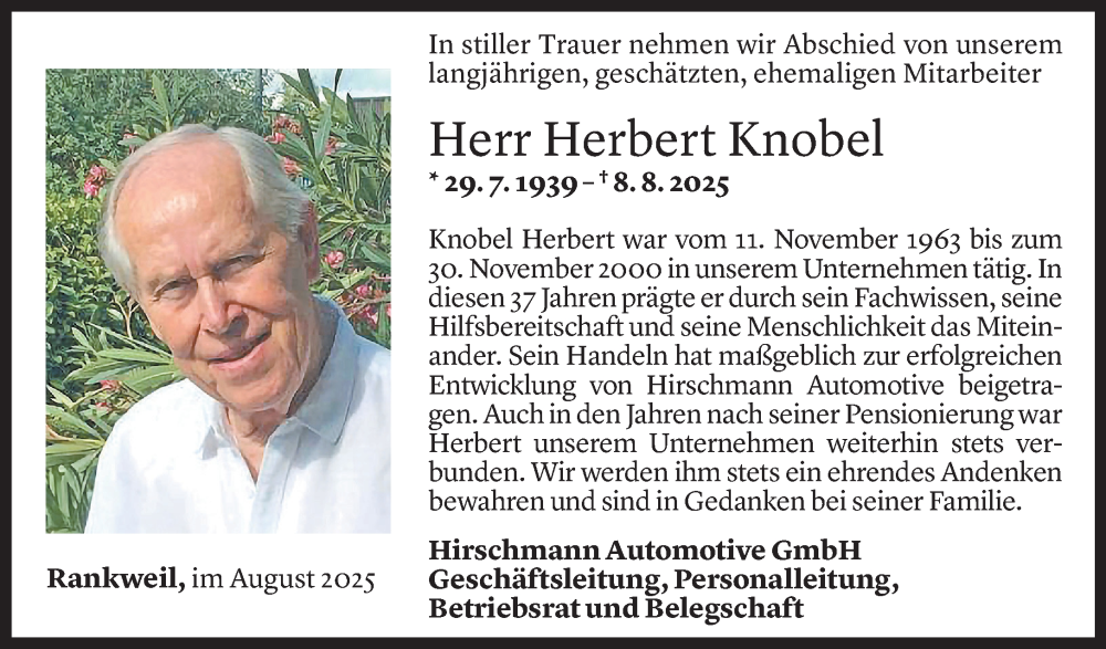  Todesanzeige für Herbert Knobel vom 11.08.2025 aus Vorarlberger Nachrichten