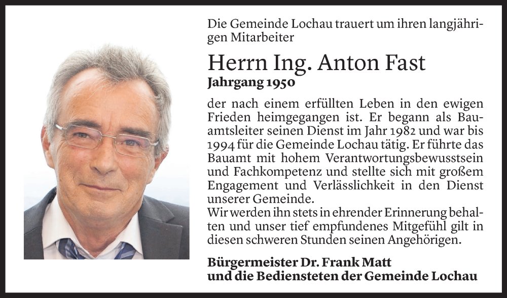  Todesanzeige für Anton Fast vom 09.08.2025 aus Vorarlberger Nachrichten