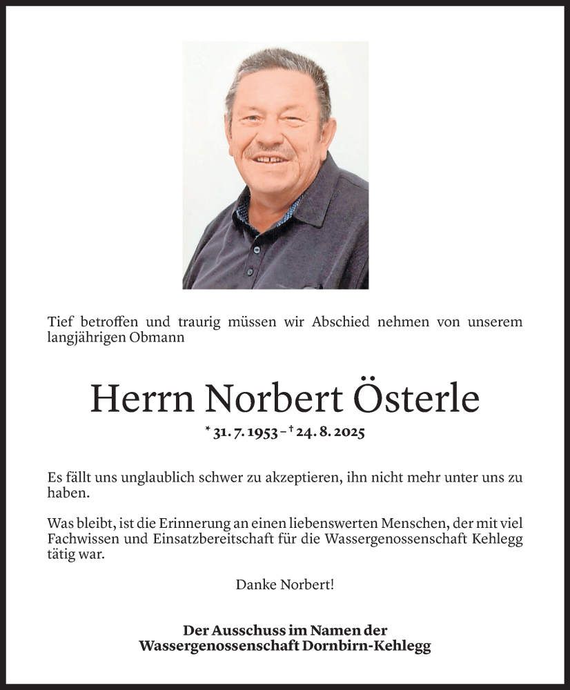  Todesanzeige für Norbert Österle vom 28.08.2025 aus Vorarlberger Nachrichten