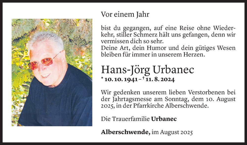  Todesanzeige für Hans-Jörg Urbanec vom 09.08.2025 aus Vorarlberger Nachrichten