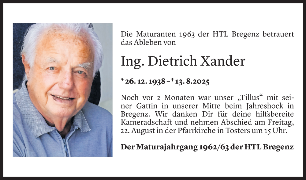  Todesanzeige für Dietrich Xander vom 18.08.2025 aus Vorarlberger Nachrichten