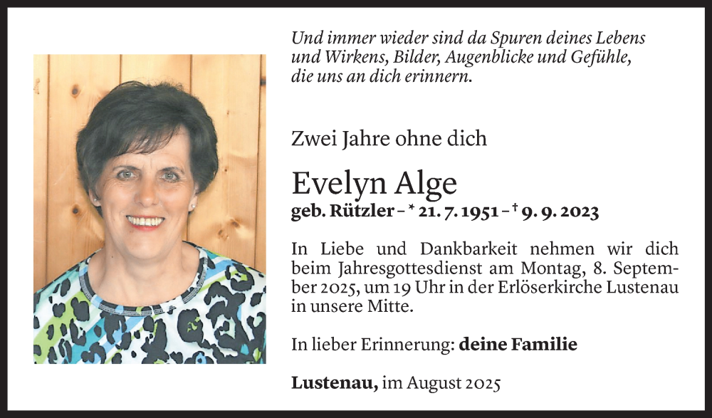  Todesanzeige für Evelyn Alge vom 01.09.2025 aus Vorarlberger Nachrichten