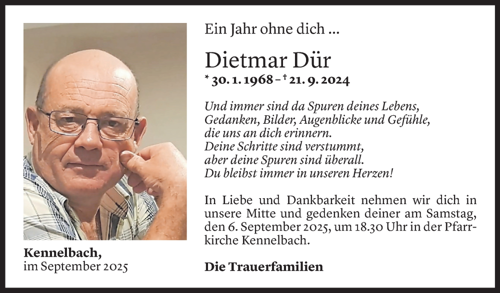  Todesanzeige für Dietmar Dür vom 31.08.2025 aus Vorarlberger Nachrichten